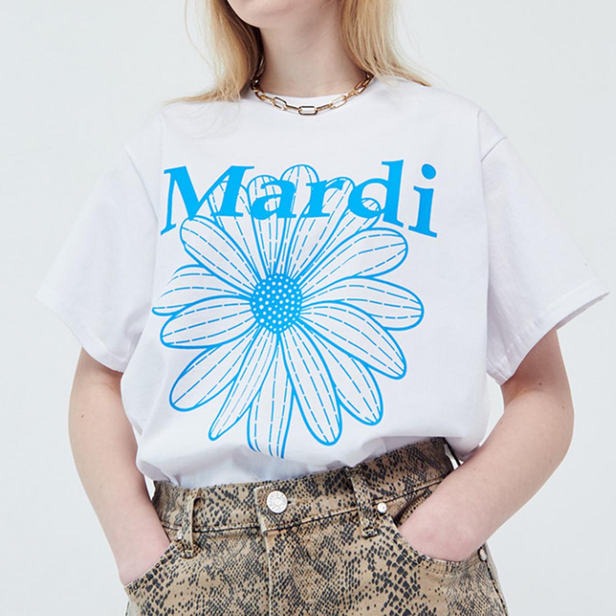 FLOWERMARDI短袖T恤（白色-螢光藍）