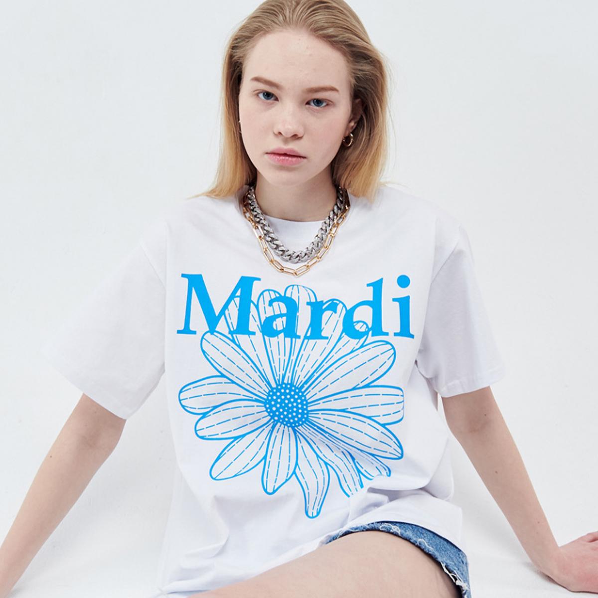 FLOWERMARDI短袖T恤（白色-螢光藍）