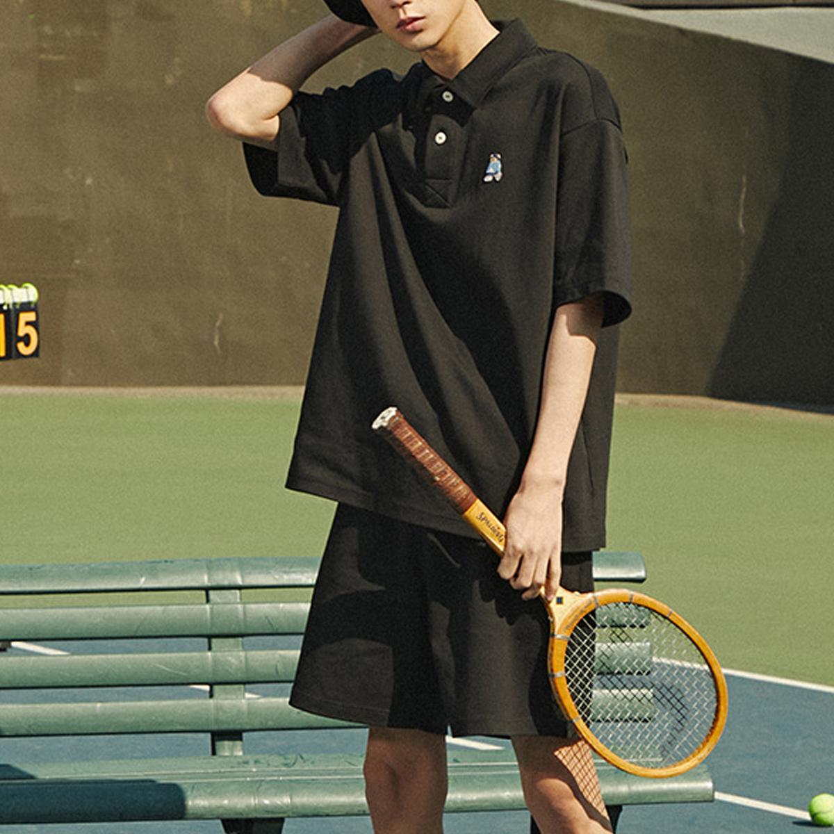 Woodie Embroidery Polo Collar Short Sleeve T-shirt (Black) 