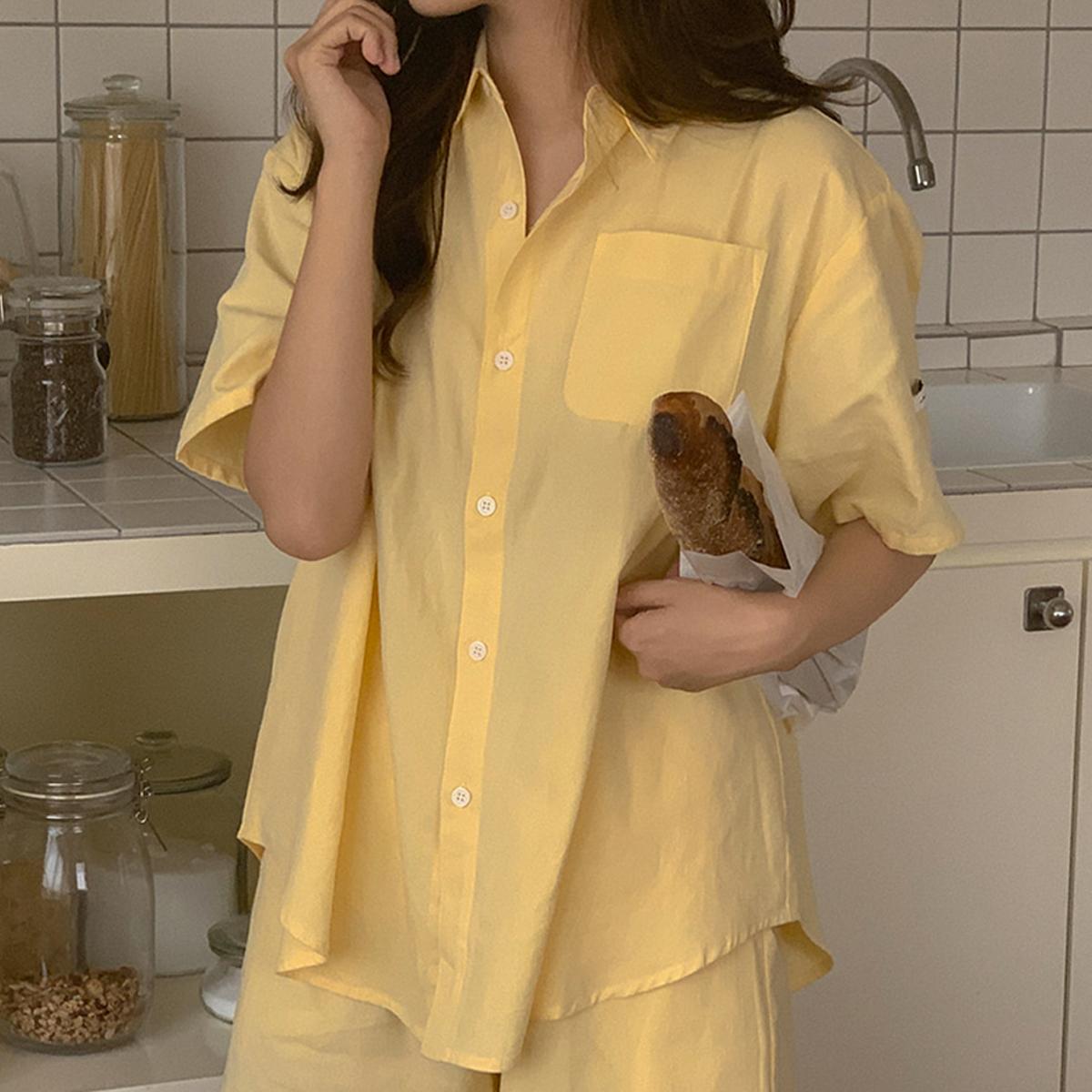 Breeze Cotton素色短袖睡衣套裝（黃色）
