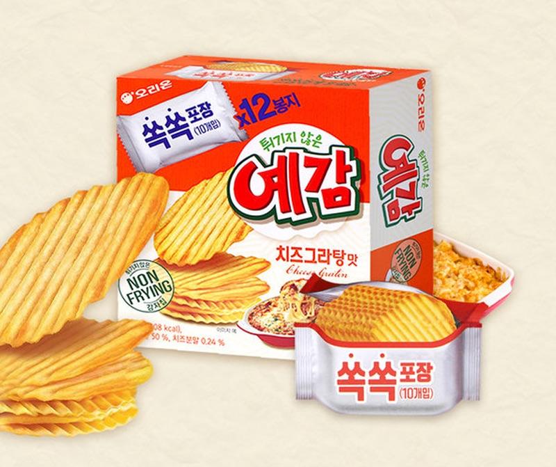 korean brand orion's yegam cheese gratin pack with cartoon chips