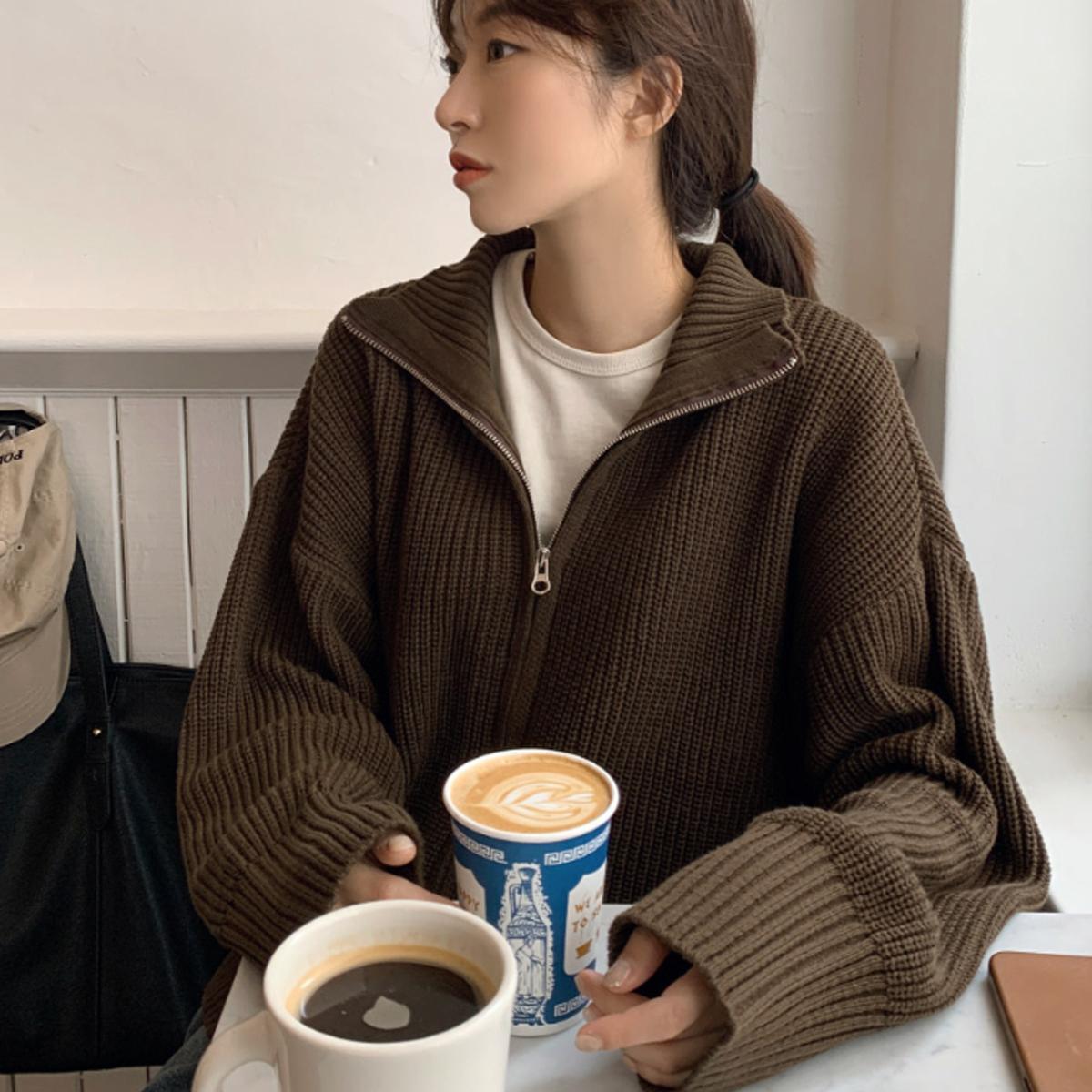 雙拉鍊羅紋外套（咖啡色）