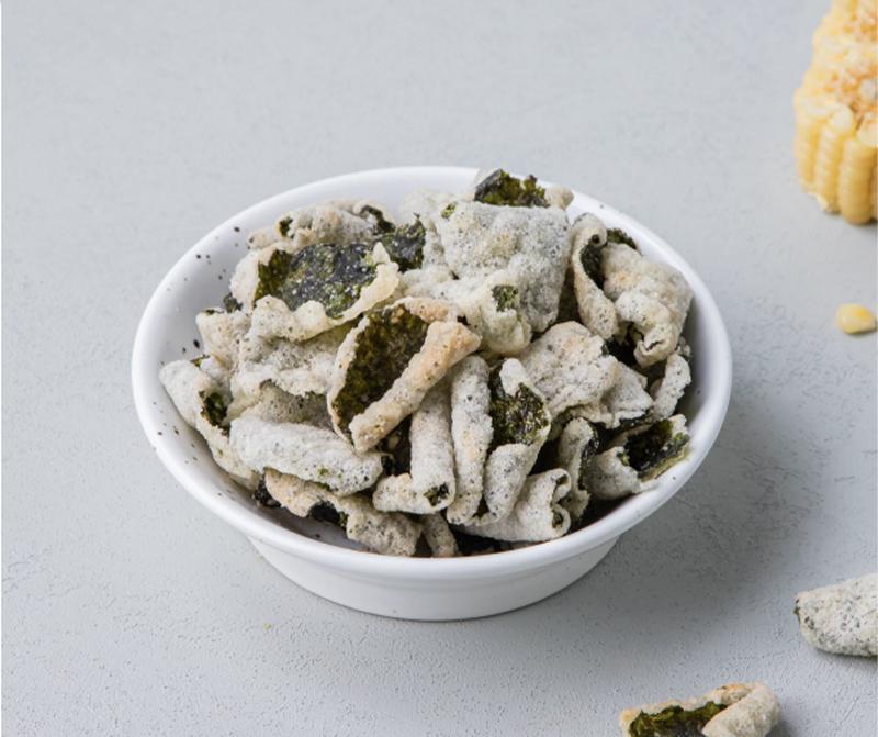 korean brand bibigo's seaweed crisps sweet corn in a bowl