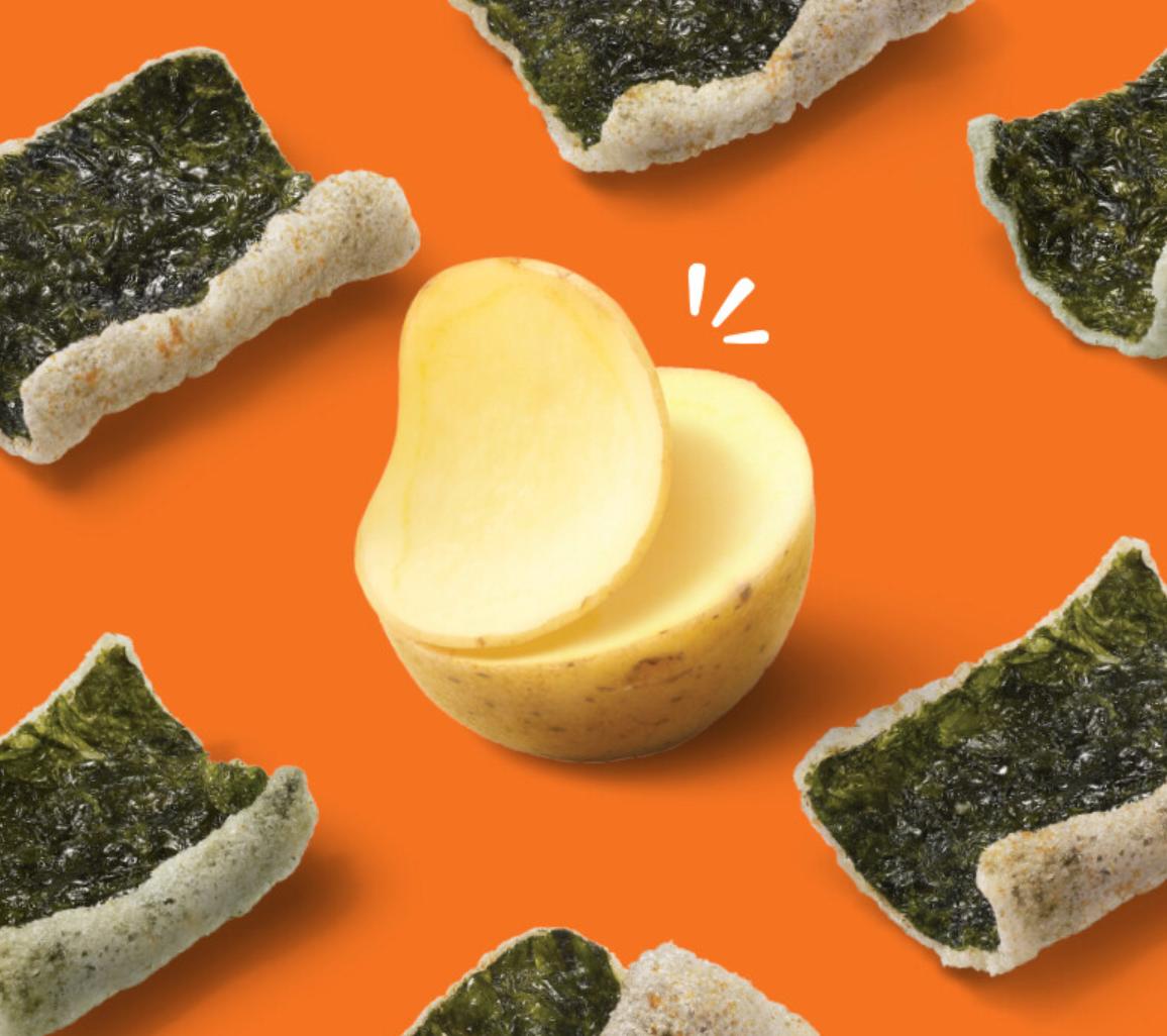 korean brand bibigo's Seaweed Crisps Potato with orange background and sliced potato in the middle