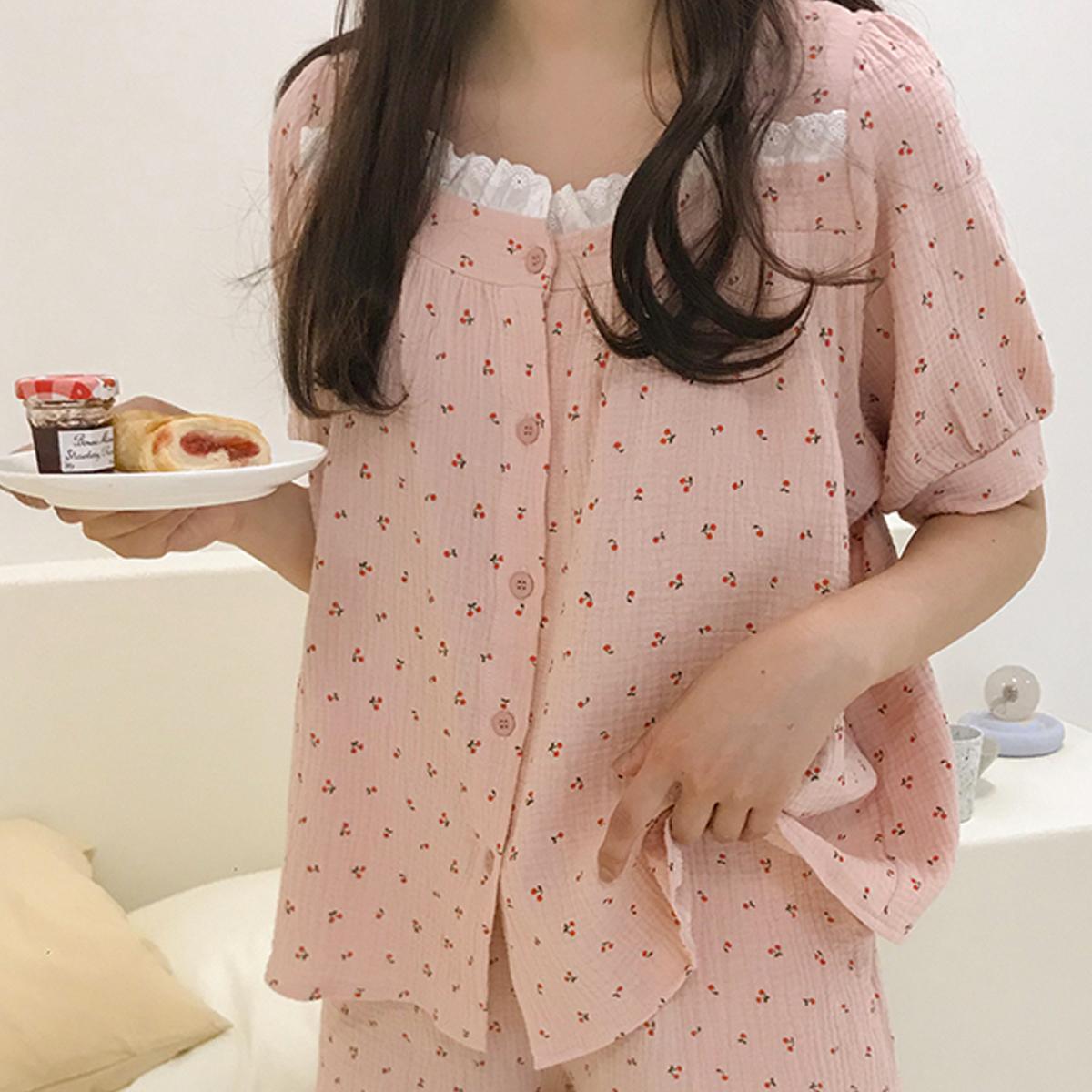 櫻桃短袖睡衣套裝（粉紅色）