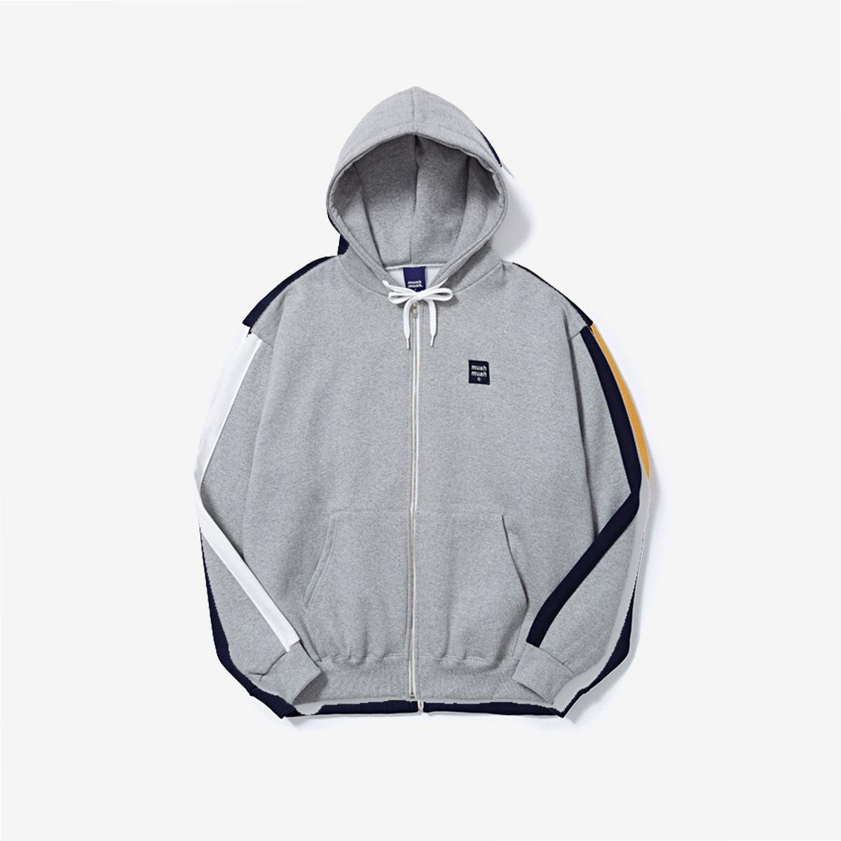 Korean brand muah muah signature combi hood zip up in gray front view 