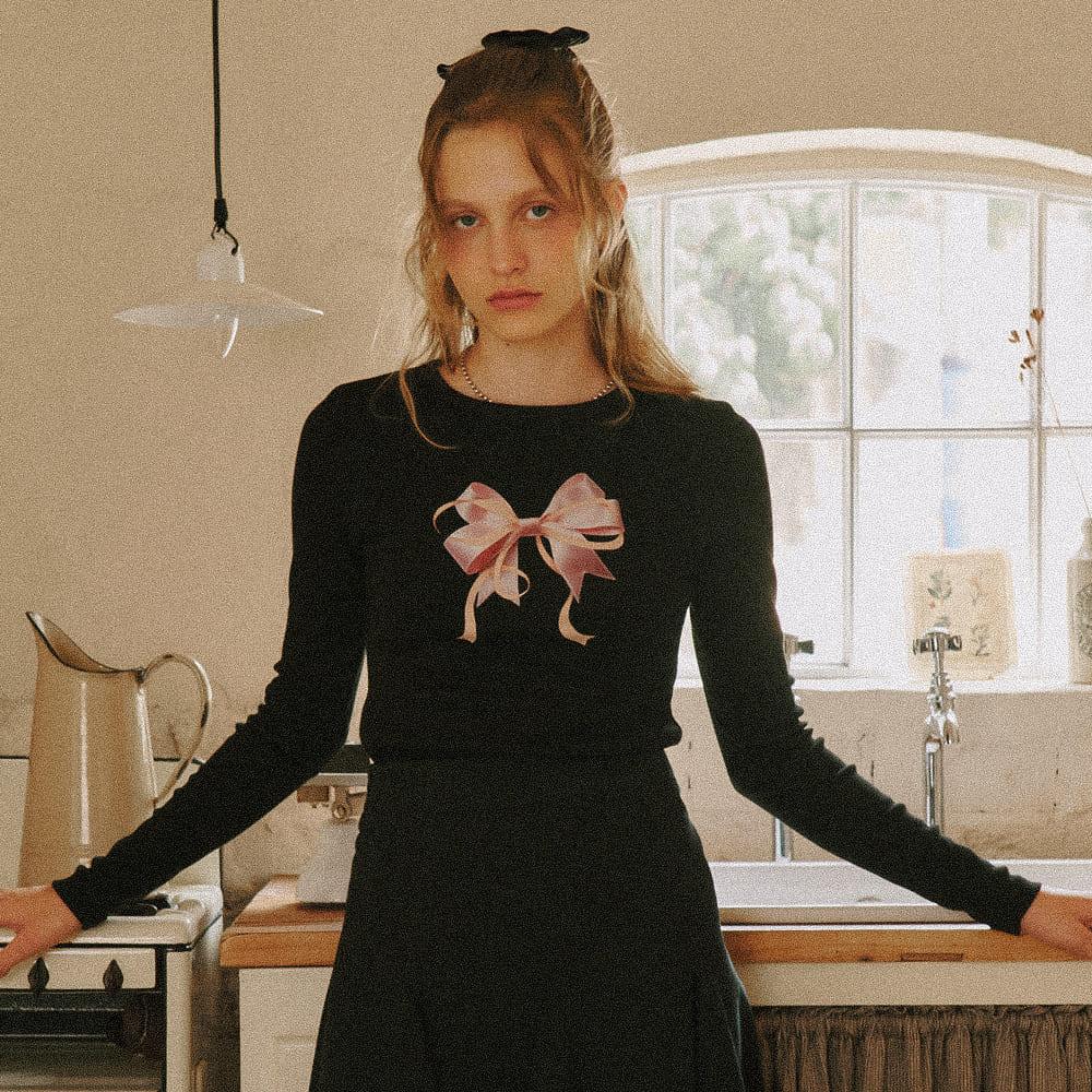 RONRON RONRON DOUBLE RIBBON SLIM CROP LONG SLEEVE (Creatrip)