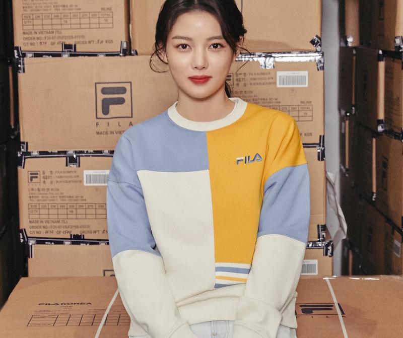 fila korea wehas sweatshirt in cream front view on model