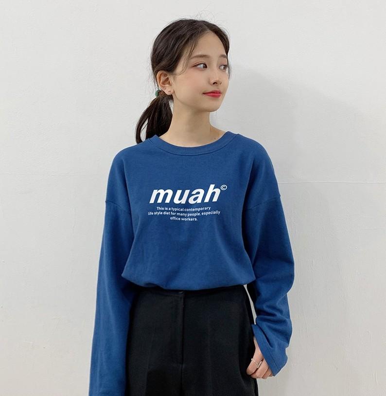 korean brand muah muah Signature Graphic T-Shirt in Indigo Blue worn by model